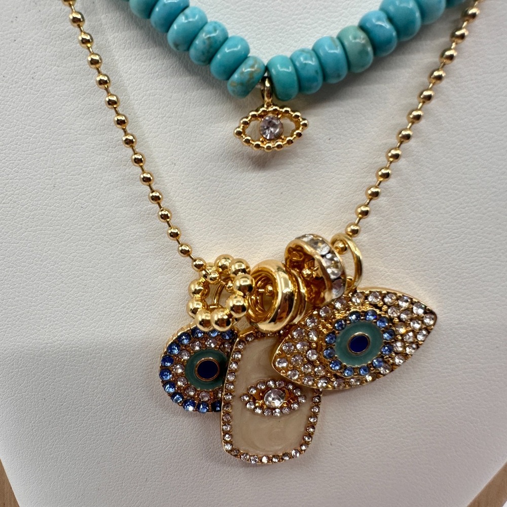 Turquoise & Gold Tone Beaded Evil Eye Layered Necklace Rhinestone Bohemian Gift - Picture 10 of 17
